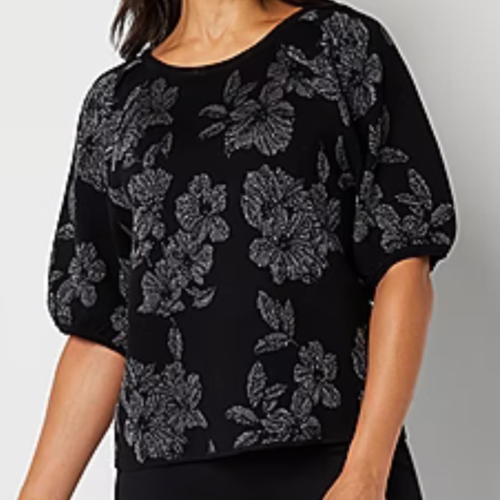 !Liz Claiborne Womens Round Neck Elbow Sleeve Floral Pullover Sweater Sz S